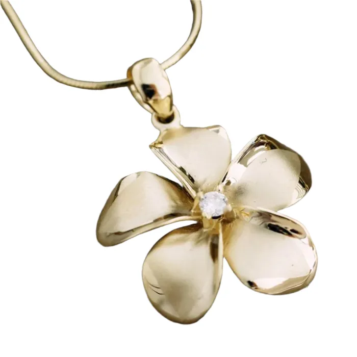 14K Gold Plumeria Pendant with Diamond or Cubic Zirconia Center Island Fine Jewelry Necklaces 14K Gold Plumeria Pendant with Diamond or Cubic Zirconia Center Island Fine Jewelry Necklaces