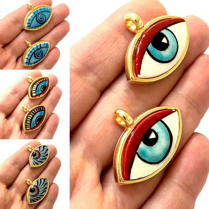24Kt Gold Plated Hand MadePaint Ceramic Eye Pendant Peppy Beads Necklaces 24Kt Gold Plated Hand MadePaint Ceramic Eye Pendant Peppy Beads Necklaces