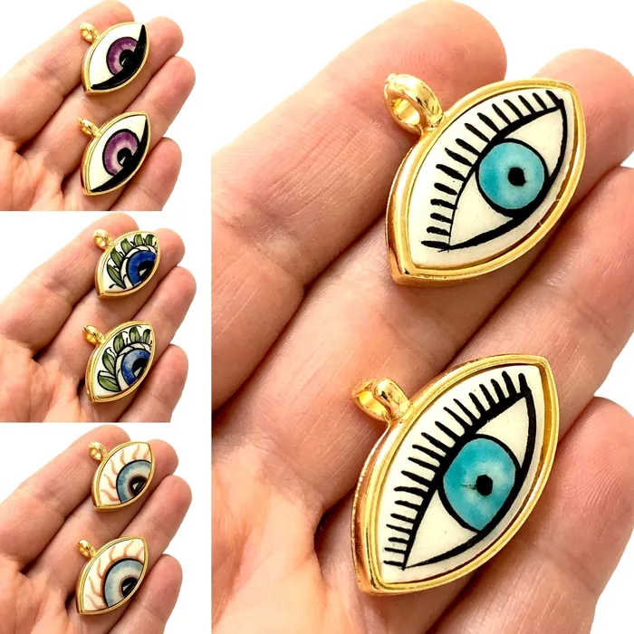 24Kt Gold Plated Hand MadePaint Ceramic Eye Pendant Peppy Beads Necklaces 24Kt Gold Plated Hand MadePaint Ceramic Eye Pendant Peppy Beads Necklaces