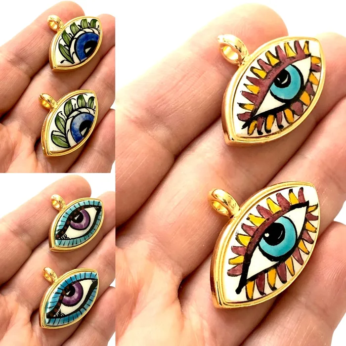 24Kt Gold Plated Hand MadePaint Ceramic Eye Pendant Peppy Beads Necklaces 24Kt Gold Plated Hand MadePaint Ceramic Eye Pendant Peppy Beads Necklaces