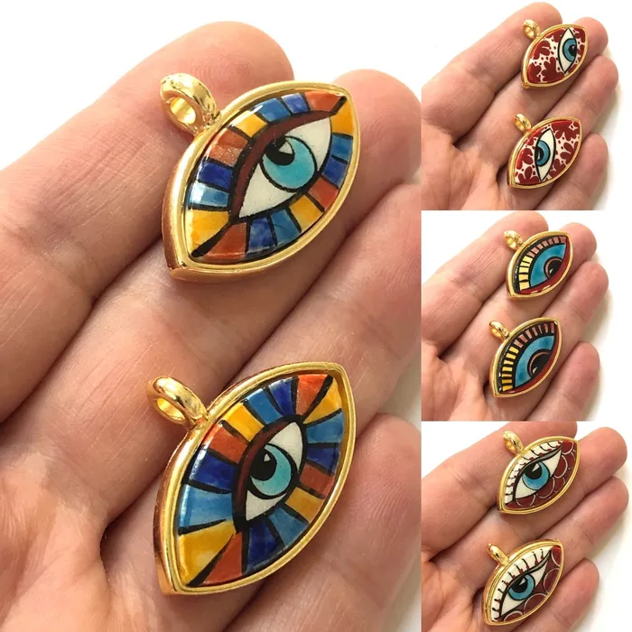 24Kt Gold Plated Hand MadePaint Ceramic Eye Pendant Peppy Beads Necklaces 24Kt Gold Plated Hand MadePaint Ceramic Eye Pendant Peppy Beads Necklaces
