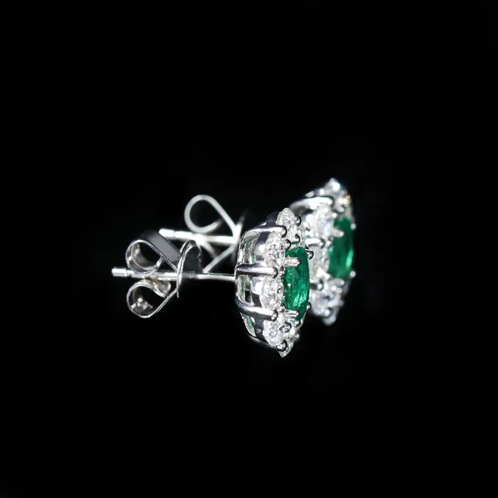 BR Designs Earrings 18K White Gold 081 CTW Emerald and Diamond Stud Earrings