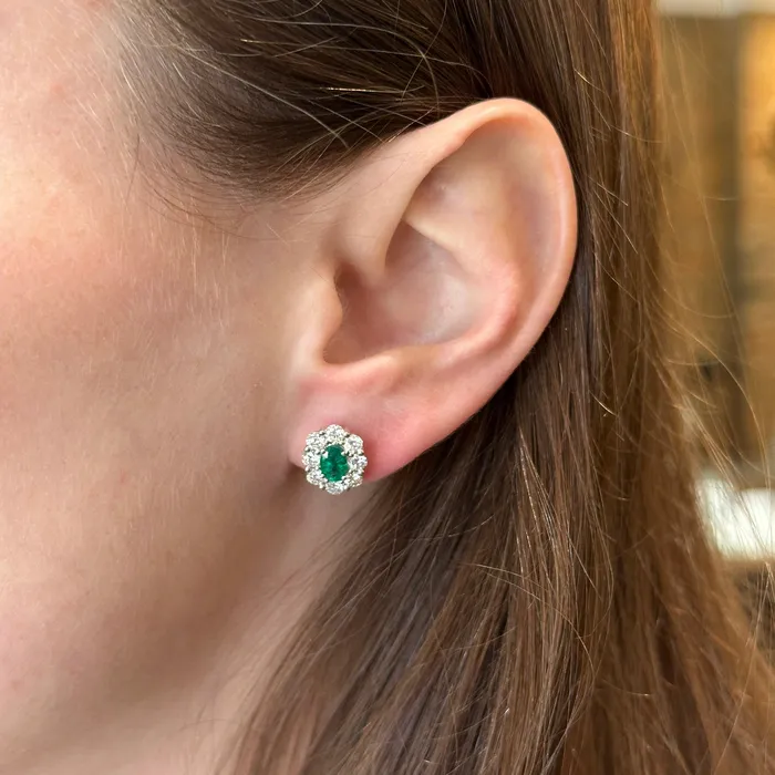 BR Designs Earrings 18K White Gold 081 CTW Emerald and Diamond Stud Earrings