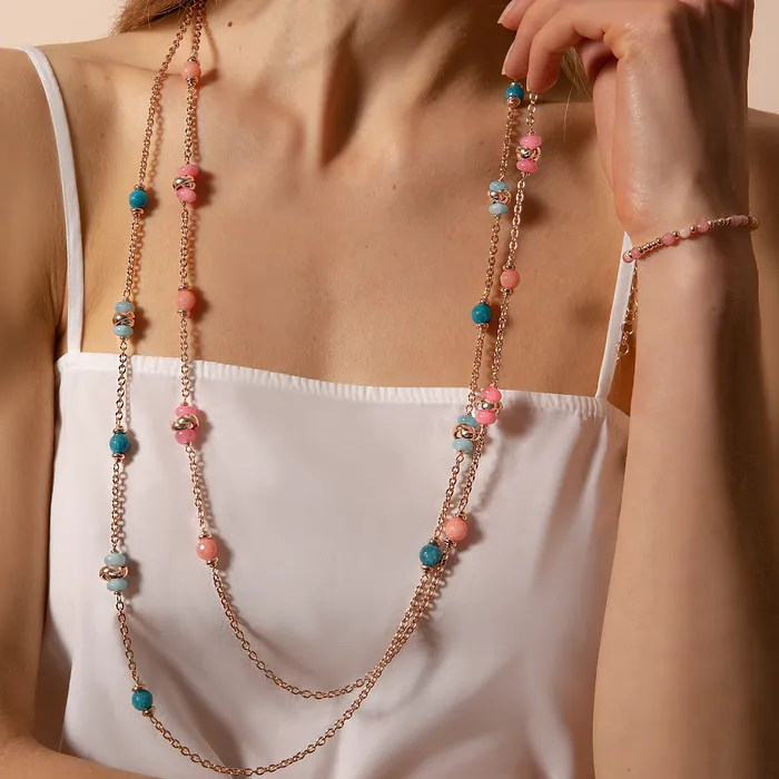Bronzallure Collana Lunga Catena Rolo con Maglie Intrecciate e Pietre Naturali Earrings