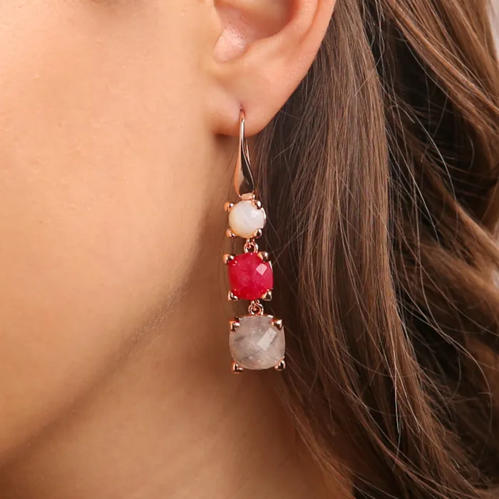 Bronzallure Orecchini Pendenti a Filo con Pietre Naturali e Castoni a Cuore Earrings