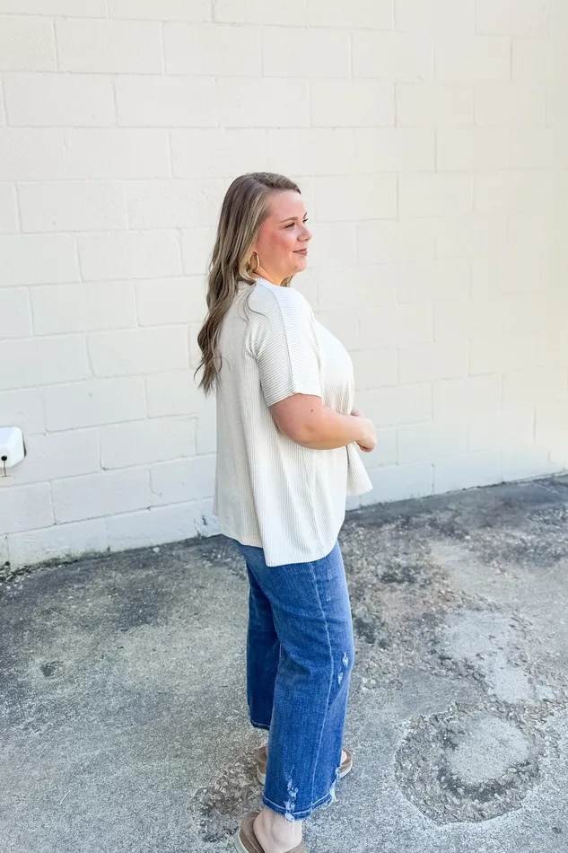 Ciara Ribbed Relaxed Top Sand Beige Zenana Earrings