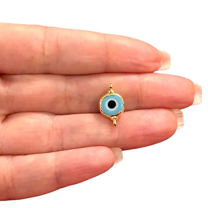 Earrings 24Kt Gold Plated Blue Glass Evil Eye Connector Charm Peppy Beads