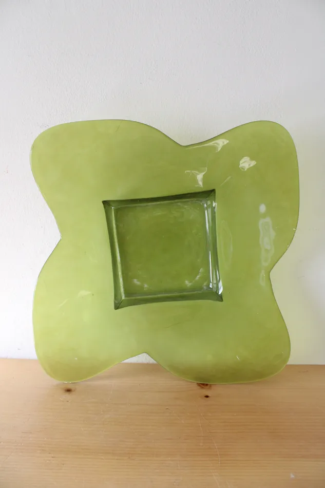 Earrings Vintage Green Petal Edged Square Glass Platter Jubilee Thrift