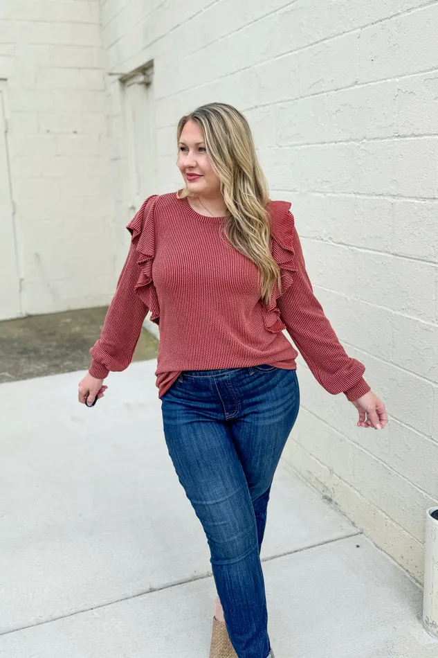 Heimish Earrings Change Your Mind Ruffle Sleeve Ribbed Top Rust