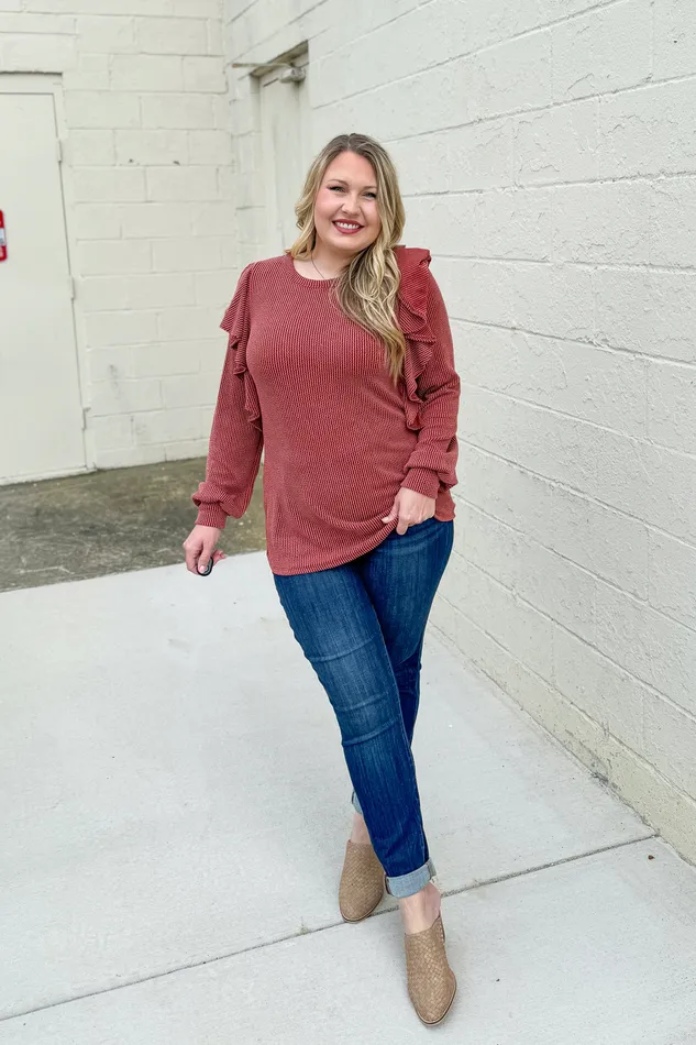 Heimish Earrings Change Your Mind Ruffle Sleeve Ribbed Top Rust