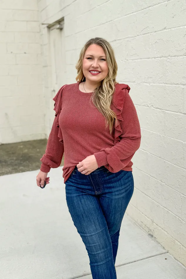 Heimish Earrings Change Your Mind Ruffle Sleeve Ribbed Top Rust