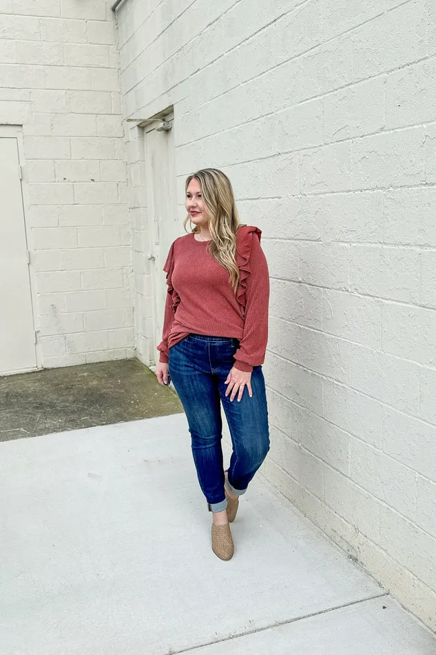 Heimish Earrings Change Your Mind Ruffle Sleeve Ribbed Top Rust