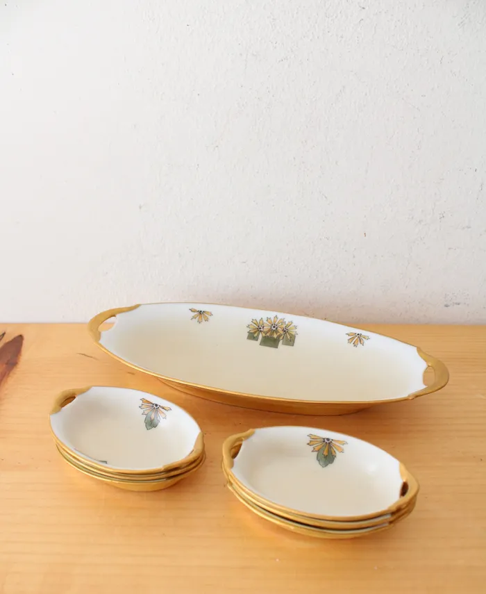 Jubilee Thrift Earrings Bavarian Noll Vintage Gold Edged Celery Dish 6 Salt Cellars