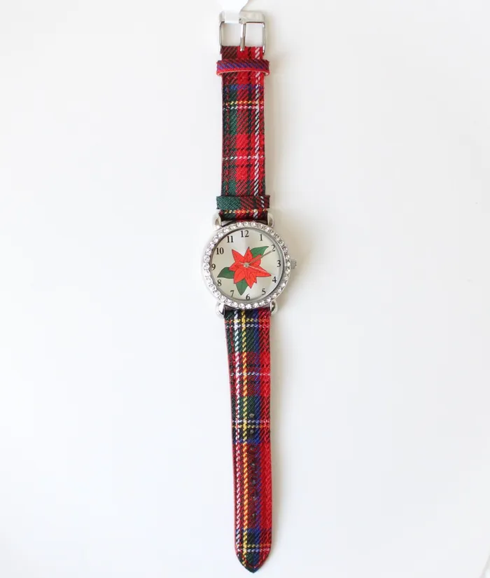 Jubilee Thrift Earrings Poinsettia Plaid Christmas Wristband Watch