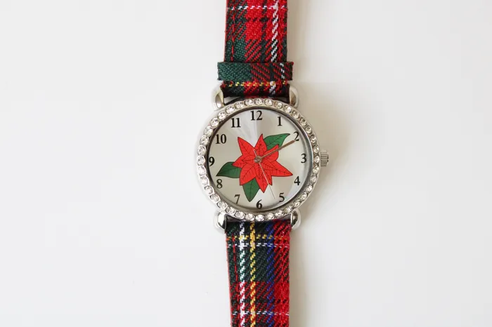 Jubilee Thrift Earrings Poinsettia Plaid Christmas Wristband Watch