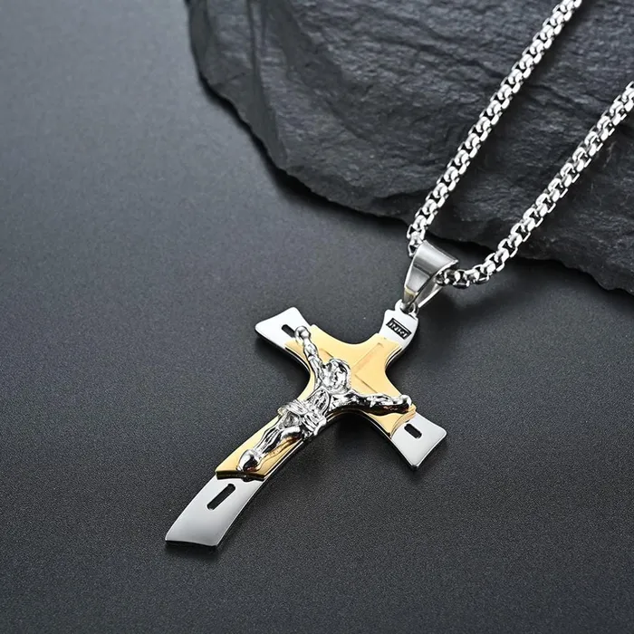 Necklaces Lords Guidance Mens Christian Necklace br Double Tone Crucifix