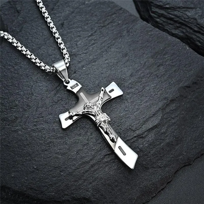 Necklaces Lords Guidance Mens Christian Necklace br Double Tone Crucifix