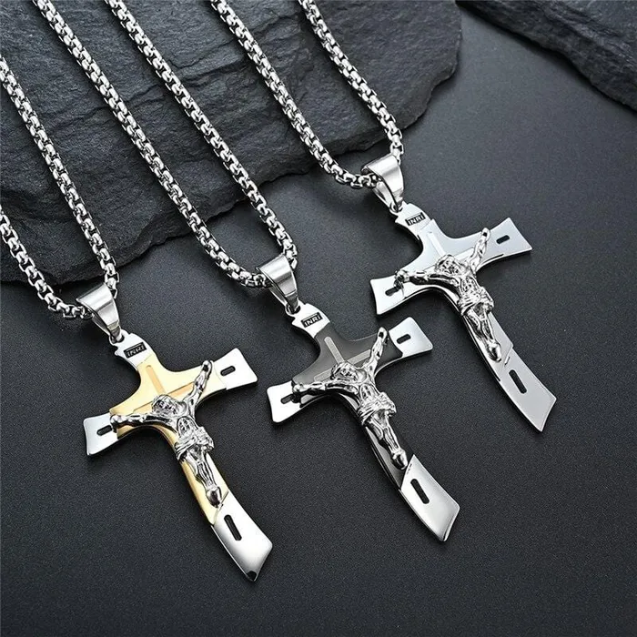 Necklaces Lords Guidance Mens Christian Necklace br Double Tone Crucifix