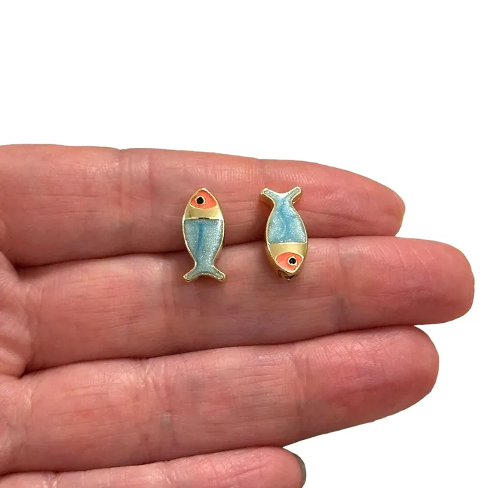 Peppy Beads Earrings 24Kt Gold Plated Double Side Aqua Enamelled Fish Spacer Charms Peppy Beads Earrings 24Kt Gold Plated Double Side Aqua Enamelled Fish Spacer Charms