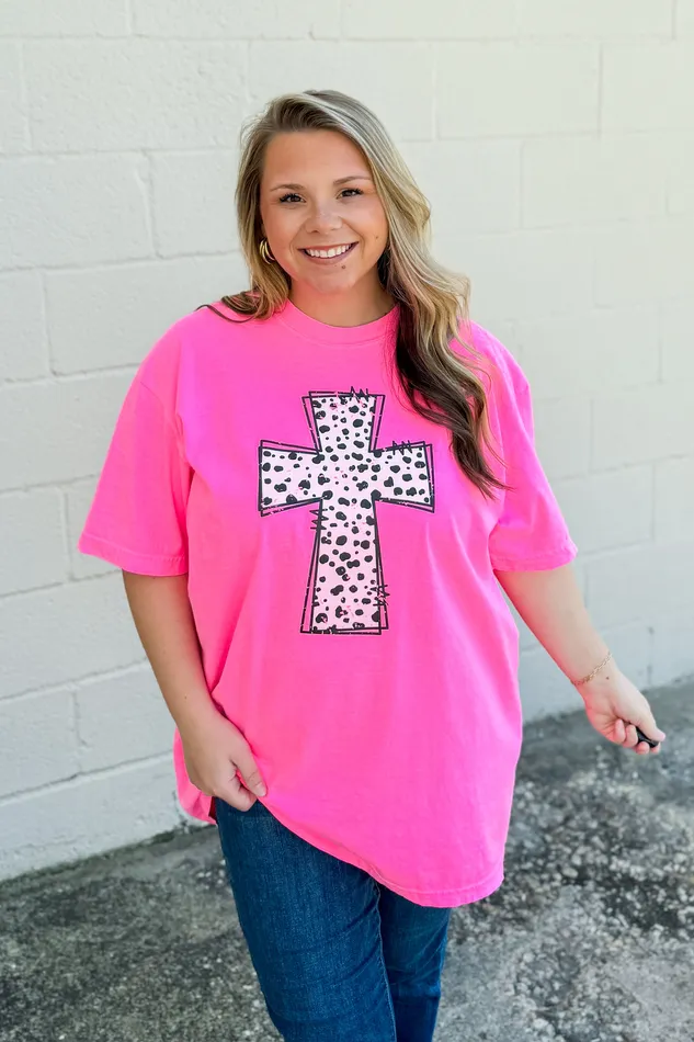 Polka Dot Cross Graphic Tee Neon Pink JL Franklins Necklaces