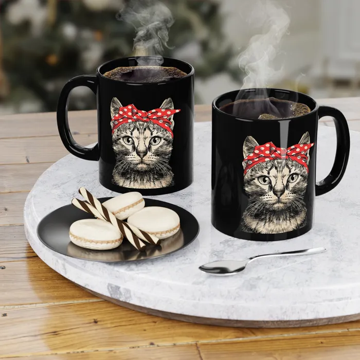 Portraits by NC Necklaces Black Coffee Mug with Cat Design 11oz