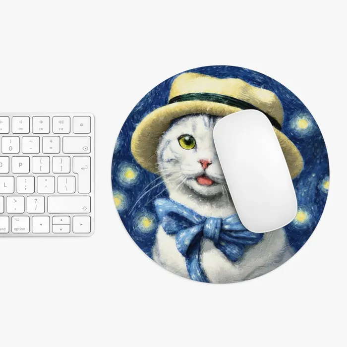 Portraits by NC Rings Add Artistic Charm to Your Desk with Our Van GoghInspired White Kitten Round Mouse Pad