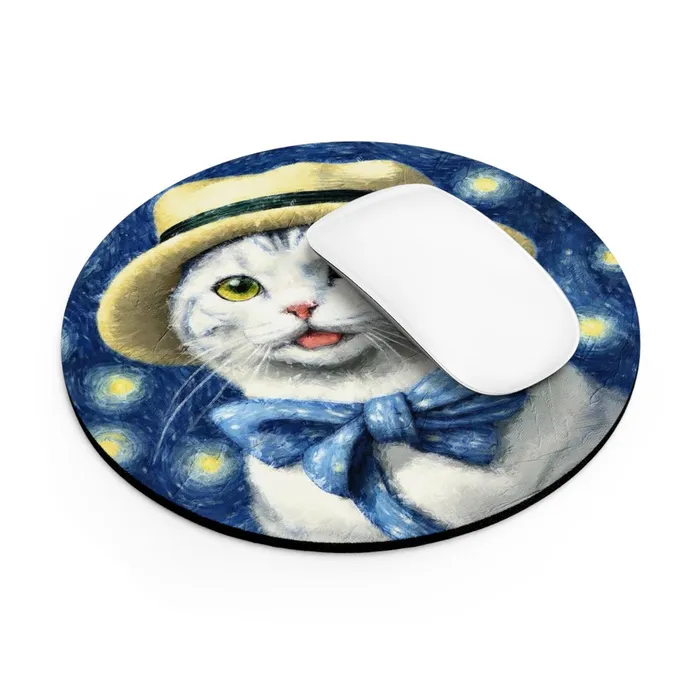 Portraits by NC Rings Add Artistic Charm to Your Desk with Our Van GoghInspired White Kitten Round Mouse Pad