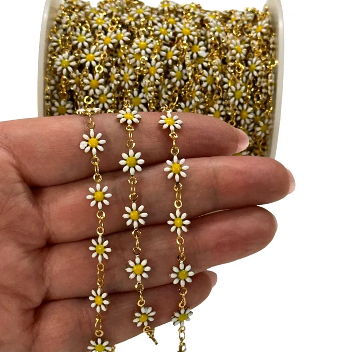 Rings White Daisy Rosary Chain 24Kt Gold Plated Double Sided Rosary Chain Peppy Beads