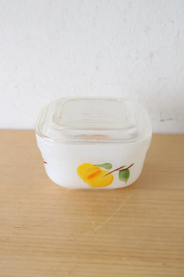 Vintage Fire King Gay Fad Hand Painted Fruit Refrigerator Dish Container Fire King Earrings