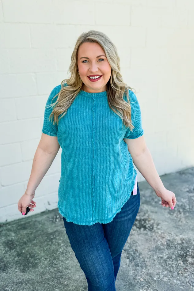 Zenana Necklaces Back Then Right Now Waffle Knit Top Light Teal