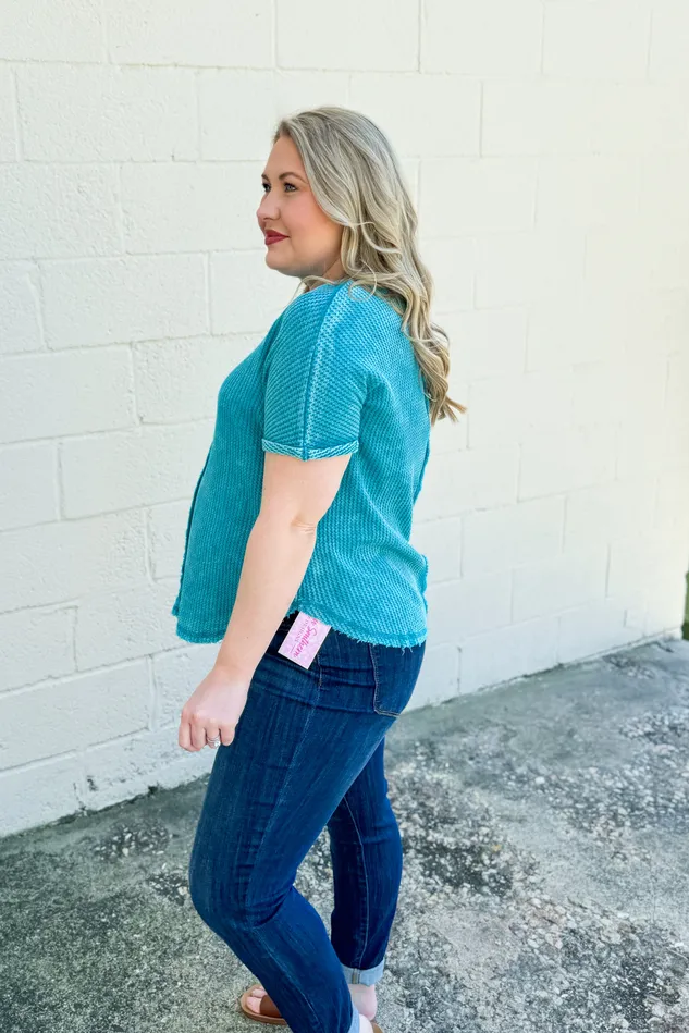 Zenana Necklaces Back Then Right Now Waffle Knit Top Light Teal