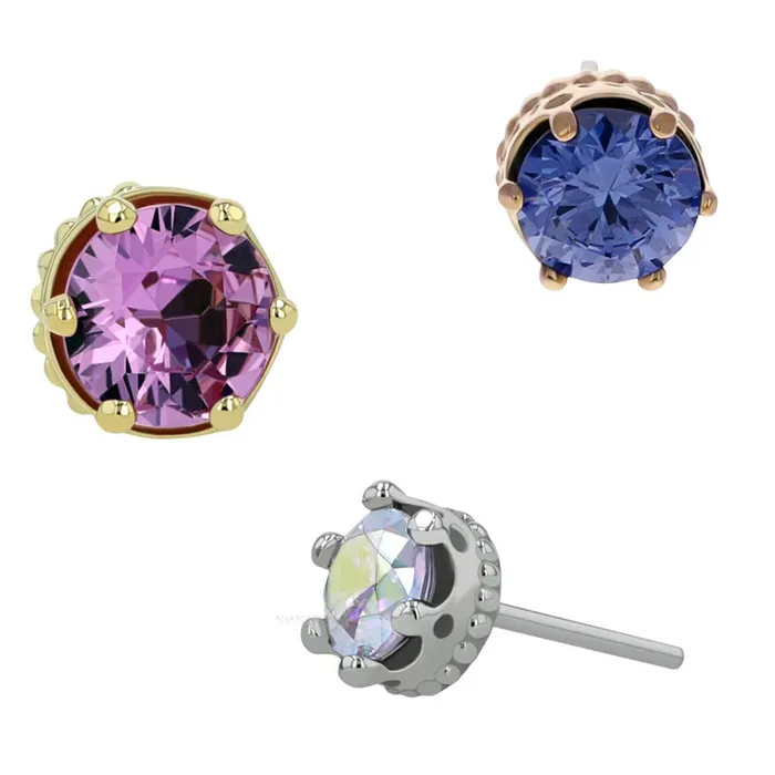 Anatometal Earrings threadless 3mm Queen Crown End in Gold with BrilliantCut Gem