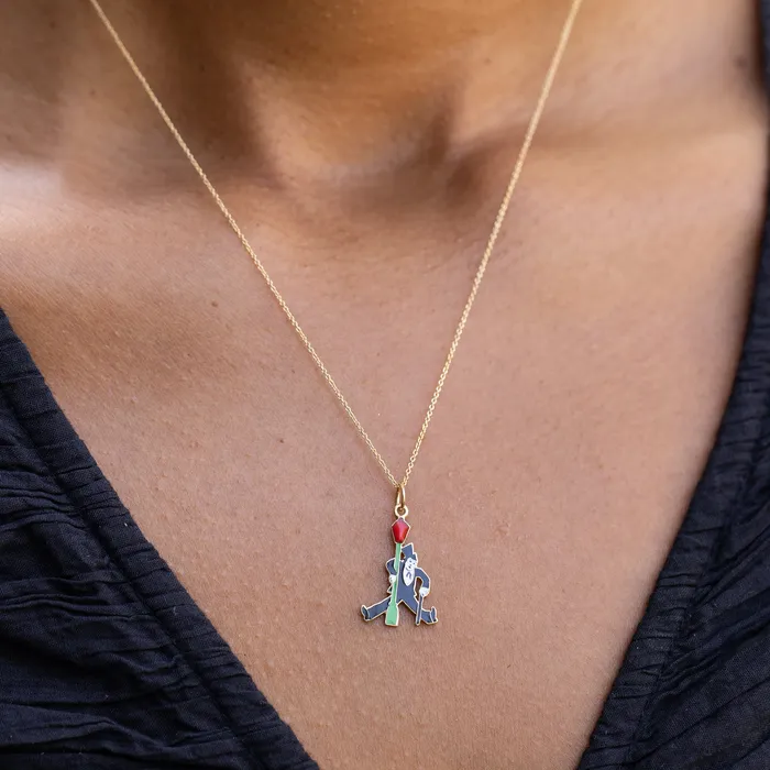 Art Deco Man With Lamp Post 14K Gold and Enamel Charm Antique Necklaces