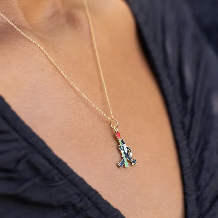 Art Deco Man With Lamp Post 14K Gold and Enamel Charm Antique Necklaces