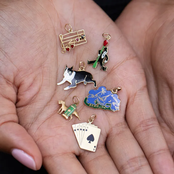 Art Deco Man With Lamp Post 14K Gold and Enamel Charm Antique Necklaces
