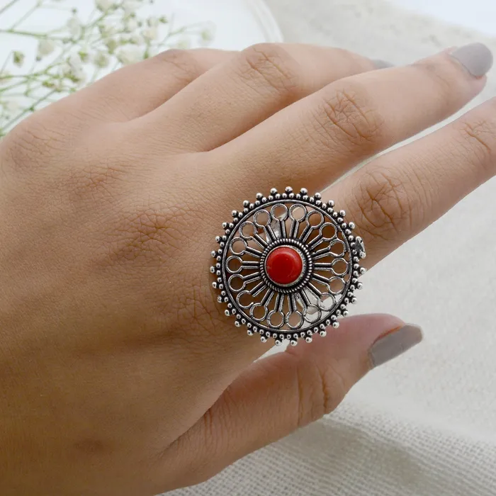 Aruna Red Silver Oxidized Filigree Ring Teejh Rings