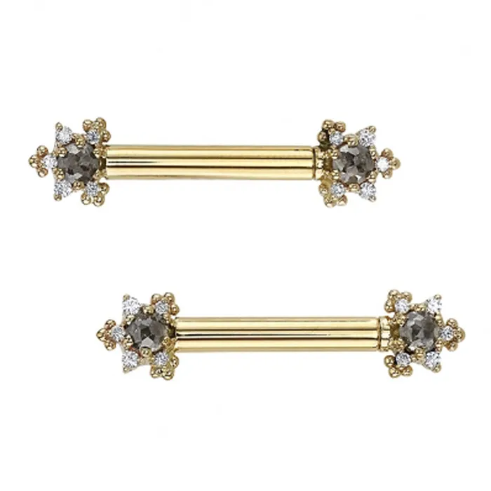 Body Vision BVLA Bayle Forward Facing Nipple Barbells in Gold with Rose Cut Grey Diamond DIAMONDS Earrings Body Vision BVLA Bayle Forward Facing Nipple Barbells in Gold with Rose Cut Grey Diamond DIAMONDS Earrings