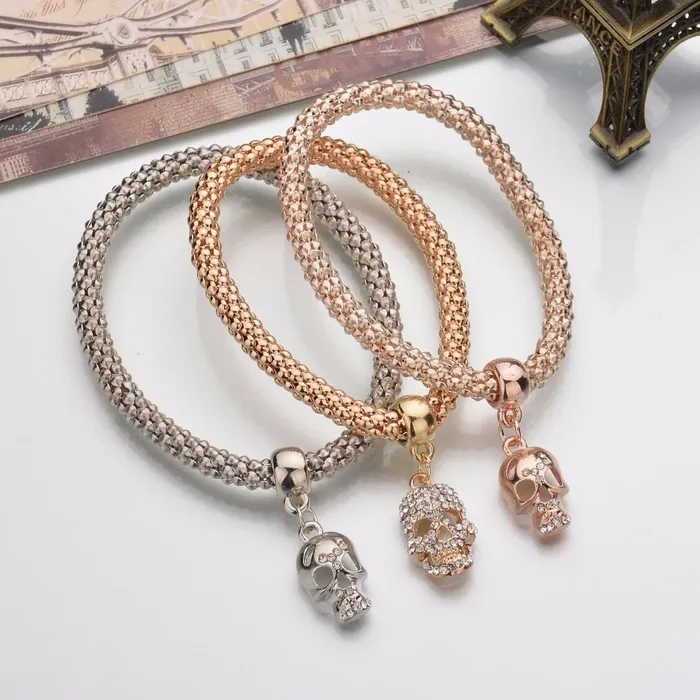 Bracelets 3 Skulls Crystal Charm Bracelet Zapps Clothing