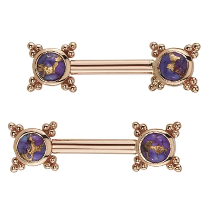 Earrings Body Vision BVLA Mini Kandy Forward Facing Nipple Barbells in Gold with Copper Purple Turquoise Earrings Body Vision BVLA Mini Kandy Forward Facing Nipple Barbells in Gold with Copper Purple Turquoise