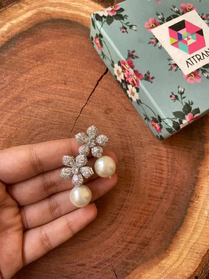 Earrings Flower Pearl Drop Studs attrangi1