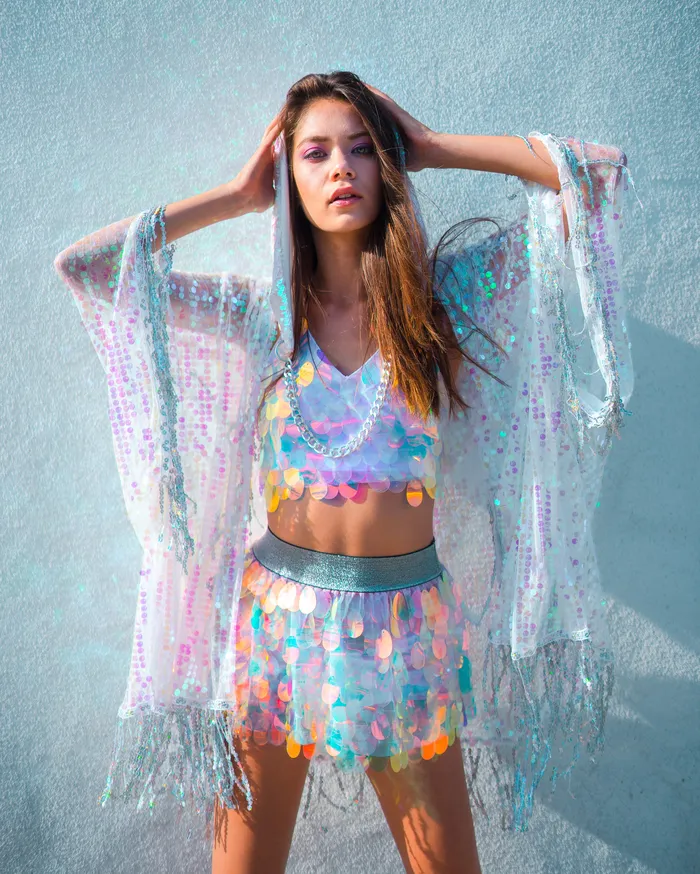 Earrings lumishopusa Disco Sequin Tassel Kimono Pink Iridescent