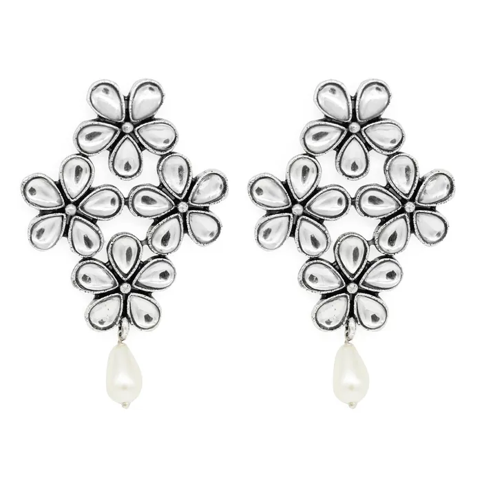 Earrings Teejh Vamika Floral Polki Silver Oxidized Earrings Earrings Teejh Vamika Floral Polki Silver Oxidized Earrings