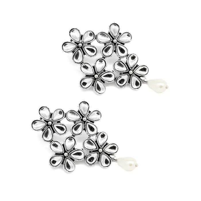 Earrings Teejh Vamika Floral Polki Silver Oxidized Earrings Earrings Teejh Vamika Floral Polki Silver Oxidized Earrings