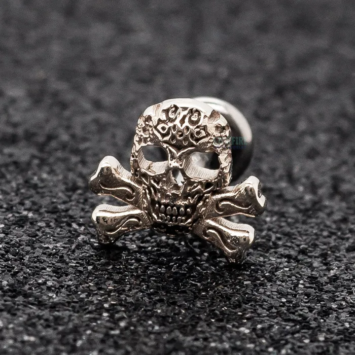 Filigree Skull Crossbones Threaded End in Gold Platinum Kiwi Diamond Earrings
