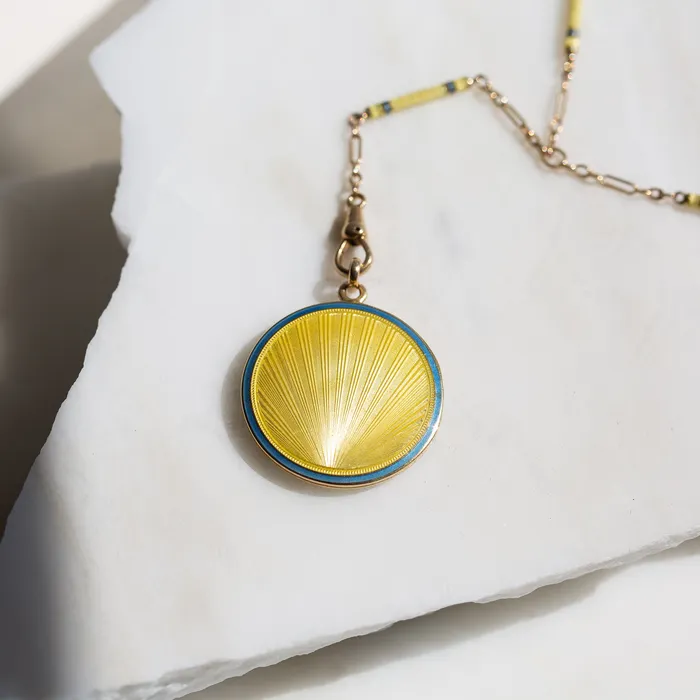Necklaces Antique Art Deco Sunrise Guilloche Enamel 14k Gold Locket and Chain