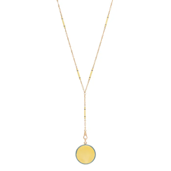 Necklaces Antique Art Deco Sunrise Guilloche Enamel 14k Gold Locket and Chain