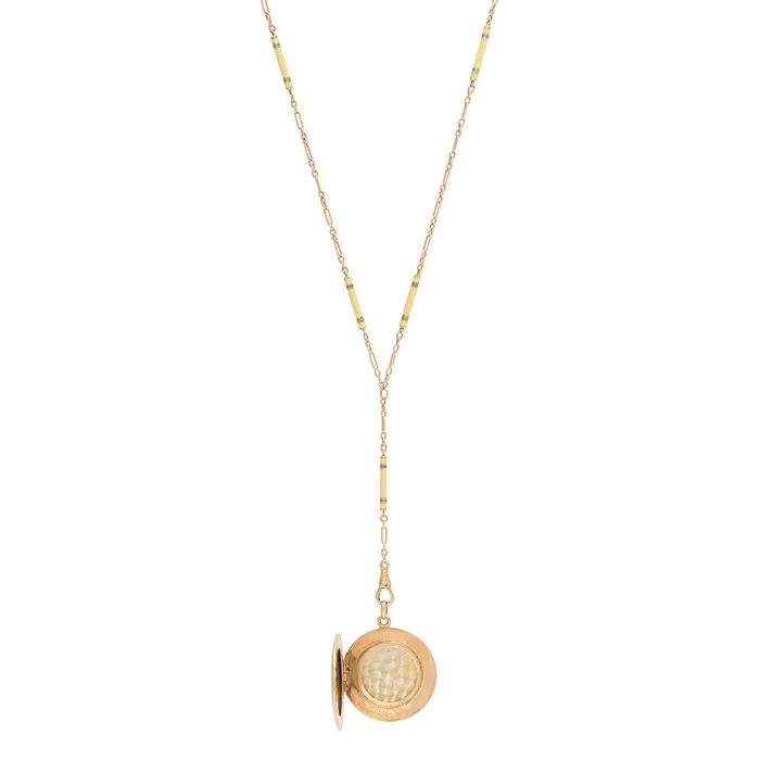Necklaces Antique Art Deco Sunrise Guilloche Enamel 14k Gold Locket and Chain