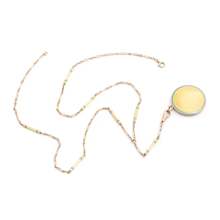 Necklaces Antique Art Deco Sunrise Guilloche Enamel 14k Gold Locket and Chain