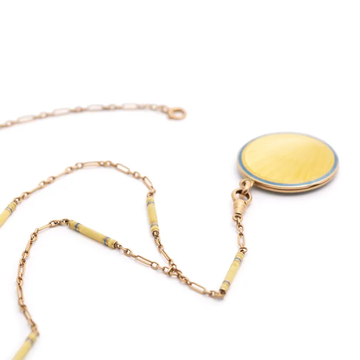 Necklaces Antique Art Deco Sunrise Guilloche Enamel 14k Gold Locket and Chain