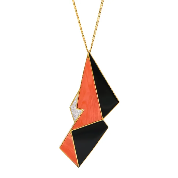 Necklaces Modernist Coral Onyx Diamond and 14K Gold Large Pendant Vintage